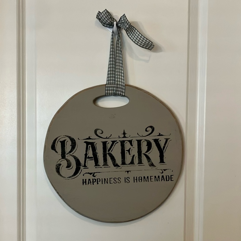 Round mineral chalk painted Bakery Wall Hanging. Repurposed cutting board.